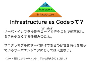 Infrastructure as Codeって？
Whats?
サーバ・インフラ操作をコードで行うことで効率化し、
ミスを少なくする仕組みのこと。
プログラマブルにサーバ操作できるのは古き時代を知っ
ているサーバエンジニアにとっては天国なう。
（コード書けないサーバエンジニアが仕事失うこと以外は）
 