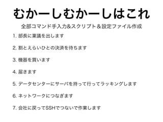 むかーしむかーしはこれ
1. 部長に稟議を出します
2. 割とえらいひとの決済を待ちます
3. 機器を買います
4. 届きます
5. データセンターにサーバを持って行ってラッキングします
6. ネットワークにつなぎます
7. 会社に戻ってSSHでつないで作業します
全部コマンド手入力&スクリプト＆設定ファイル作成
 