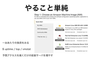 やること単純
一台あたりの負荷をみる
$ uptime / top / vmstat
予想アクセスを裁くだけの仮装サーバを増やす
 