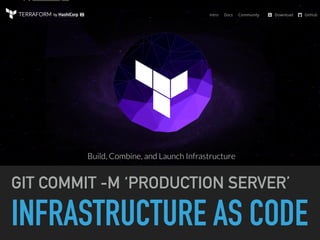 INFRASTRUCTURE AS CODE
GIT COMMIT -M ‘PRODUCTION SERVER’
