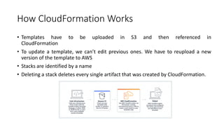 How CloudFormation Works
• Templates have to be uploaded in S3 and then referenced in
CloudFormation
• To update a template, we can’t edit previous ones. We have to reupload a new
version of the template to AWS
• Stacks are identified by a name
• Deleting a stack deletes every single artifact that was created by CloudFormation.
 