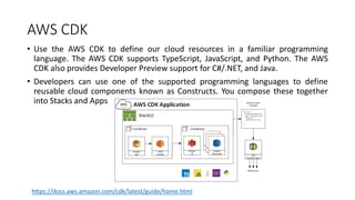 AWS CDK
• Use the AWS CDK to define our cloud resources in a familiar programming
language. The AWS CDK supports TypeScript, JavaScript, and Python. The AWS
CDK also provides Developer Preview support for C#/.NET, and Java.
• Developers can use one of the supported programming languages to define
reusable cloud components known as Constructs. You compose these together
into Stacks and Apps
https://docs.aws.amazon.com/cdk/latest/guide/home.html
 
