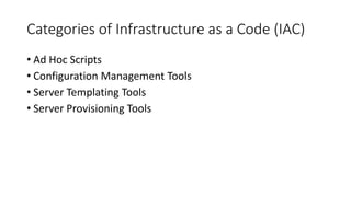 Categories of Infrastructure as a Code (IAC)
• Ad Hoc Scripts
• Configuration Management Tools
• Server Templating Tools
• Server Provisioning Tools
 
