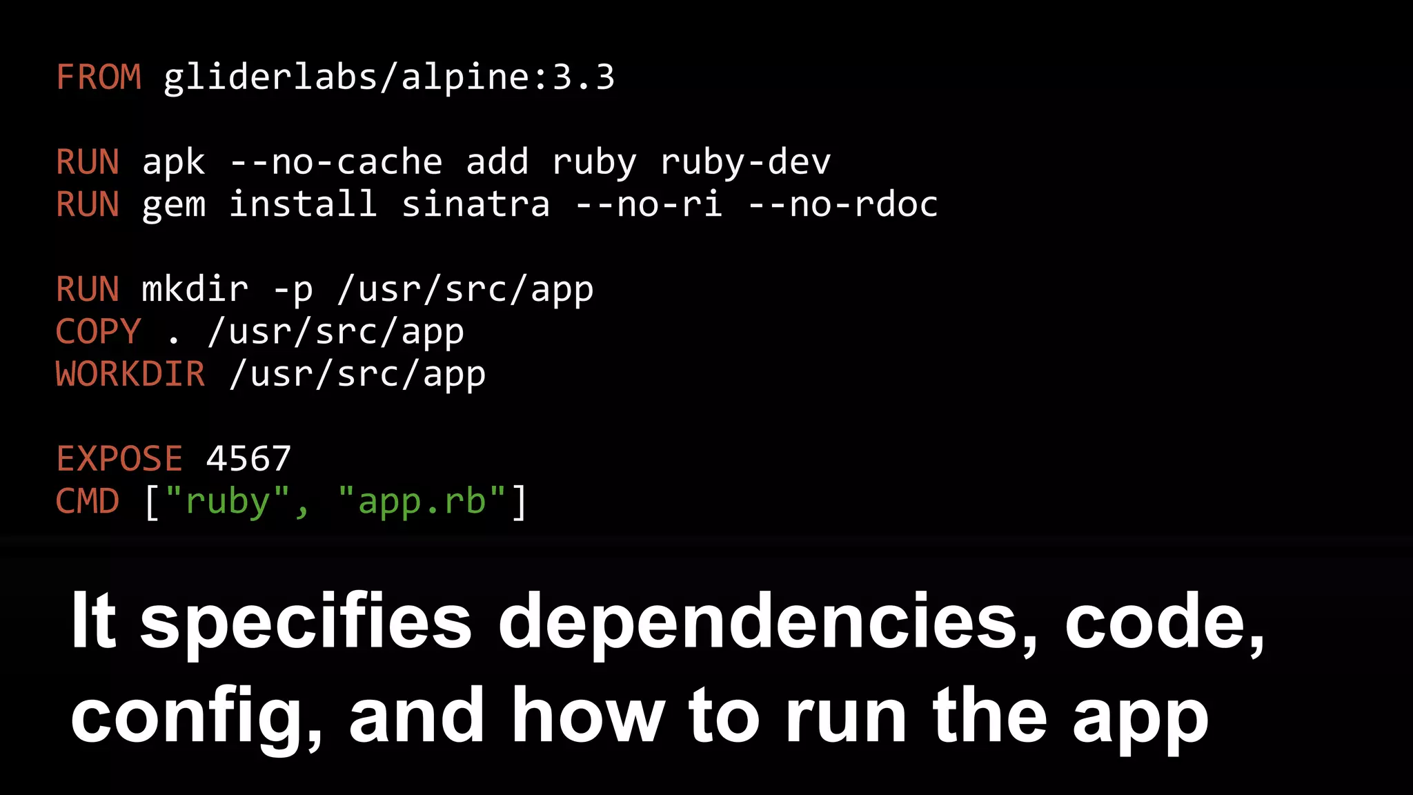 FROM gliderlabs/alpine:3.3
RUN apk --no-cache add ruby ruby-dev
RUN gem install sinatra --no-ri --no-rdoc
RUN mkdir -p /usr/src/app
COPY . /usr/src/app
WORKDIR /usr/src/app
EXPOSE 4567
CMD ["ruby", "app.rb"]
Here is the Dockerfile for the
Sinatra backend
 