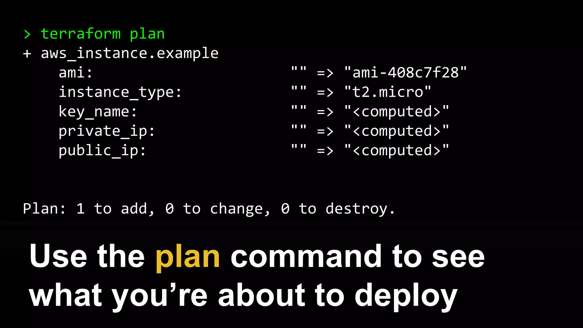 provider "aws" {
region = "us-east-1"
}
resource "aws_instance" "example" {
ami = "ami-408c7f28"
instance_type = "t2.micro"
}
This template creates a single EC2
instance in AWS
 