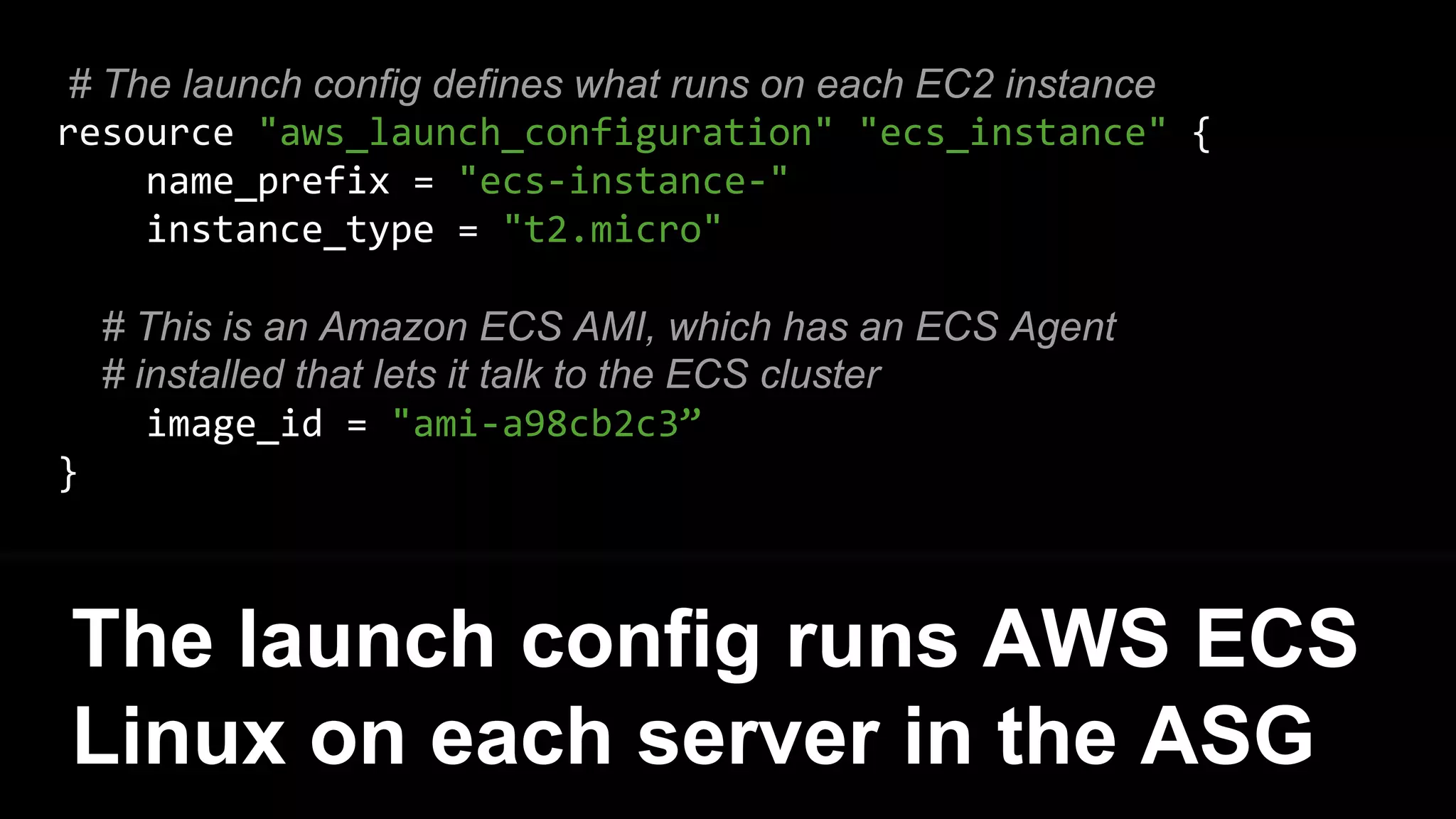 Ensure each server in the ASG
runs the ECS Agent
ECS Agent
EC2 Instance
ECS Cluster
 
