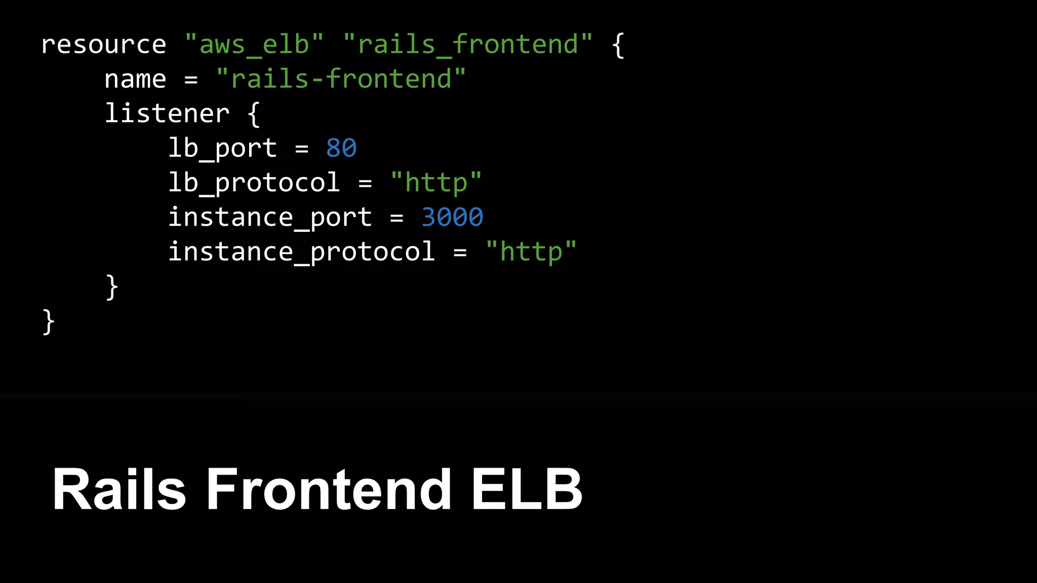 Associate an ELB with each
ECS Service
{
"name": "example",
"image": "foo/example",
"cpu": 1024,
"memory": 2048,
"essential": true,
}
{
"cluster": "example",
"serviceName": ”foo",
"taskDefinition": "",
"desiredCount": 2
}
ECS Agent
ECS Tasks
EC2 Instance
ECS Task Definition ECS Service Definition
ECS Cluster
 