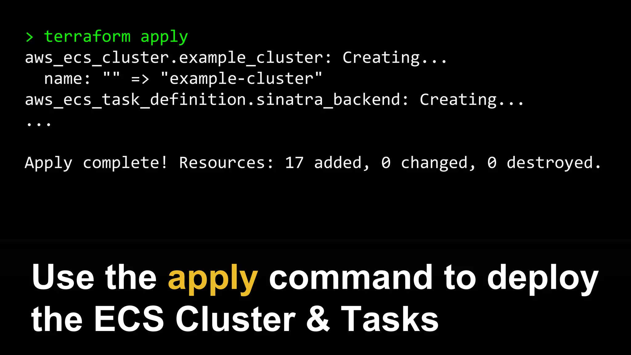 It’s time to deploy!
{
"name": "example",
"image": "foo/example",
"cpu": 1024,
"memory": 2048,
"essential": true,
}
{
"cluster": "example",
"serviceName": ”foo",
"taskDefinition": "",
"desiredCount": 2
}
ECS Agent
ECS Tasks
EC2 Instance
ECS Task Definition ECS Service Definition ECS Scheduler
ECS Cluster
 