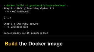 FROM gliderlabs/alpine:3.3
RUN apk --no-cache add ruby ruby-dev
RUN gem install sinatra --no-ri --no-rdoc
RUN mkdir -p /usr/src/app
COPY . /usr/src/app
WORKDIR /usr/src/app
EXPOSE 4567
CMD ["ruby", "app.rb"]
It specifies dependencies, code,
config, and how to run the app
 