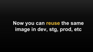 > docker push gruntwork/sinatra-backend
The push refers to a repository [docker.io/gruntwork/sinatra-
backend] (len: 1)
2e243eba30ed: Image successfully pushed
7e2e0c53e246: Image successfully pushed
919d9a73b500: Image successfully pushed
(...)
v1: digest: sha256:09f48ed773966ec7fe4558 size: 14319
You can share your images by
pushing them to Docker Hub
 