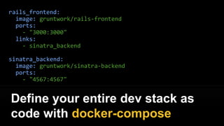 FROM rails:4.2.6
RUN mkdir -p /usr/src/app
COPY . /usr/src/app
WORKDIR /usr/src/app
RUN bundle install
EXPOSE 3000
CMD ["rails", "start"]
The rails-frontend is built on top of
the official rails Docker image
 