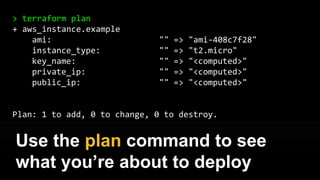 provider "aws" {
region = "us-east-1"
}
resource "aws_instance" "example" {
ami = "ami-408c7f28"
instance_type = "t2.micro"
}
This template creates a single EC2
instance in AWS
 