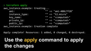 > terraform plan
+ aws_instance.example
ami: "" => "ami-408c7f28"
instance_type: "" => "t2.micro"
key_name: "" => "<computed>"
private_ip: "" => "<computed>"
public_ip: "" => "<computed>"
Plan: 1 to add, 0 to change, 0 to destroy.
Use the plan command to see
what you’re about to deploy
 