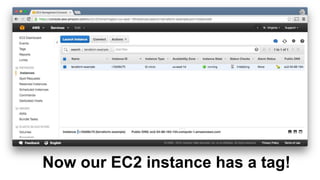 > terraform apply
aws_instance.example: Refreshing state...
aws_instance.example: Modifying...
tags.#: "0" => "1"
tags.Name: "" => "terraform-example"
aws_instance.example: Modifications complete
Apply complete! Resources: 0 added, 1 changed, 0 destroyed.
Use the apply command again to
deploy those changes
 