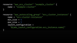Define the ECS Cluster as an
Auto Scaling Group (ASG)
EC2 Instance
ECS Cluster
 