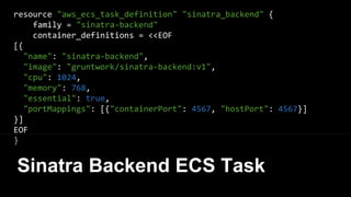 resource "aws_ecs_task_definition" "rails_frontend" {
family = "rails-frontend"
container_definitions = <<EOF
[{
"name": "rails-frontend",
"image": "gruntwork/rails-frontend:v1",
"cpu": 1024,
"memory": 768,
"essential": true,
"portMappings": [{"containerPort": 3000, "hostPort": 3000}]
}]
EOF
}
Rails frontend ECS Task
 