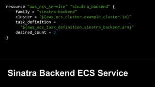 resource "aws_ecs_service" "rails_frontend" {
family = "rails-frontend"
cluster = "${aws_ecs_cluster.example_cluster.id}"
task_definition =
"${aws_ecs_task_definition.rails-fronted.arn}"
desired_count = 2
}
Rails Frontend ECS Service
 