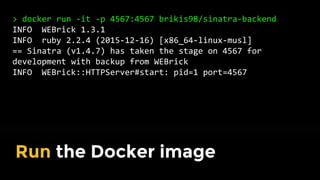 > docker pull rails:4.2.6
And you can reuse images created
by others.
 