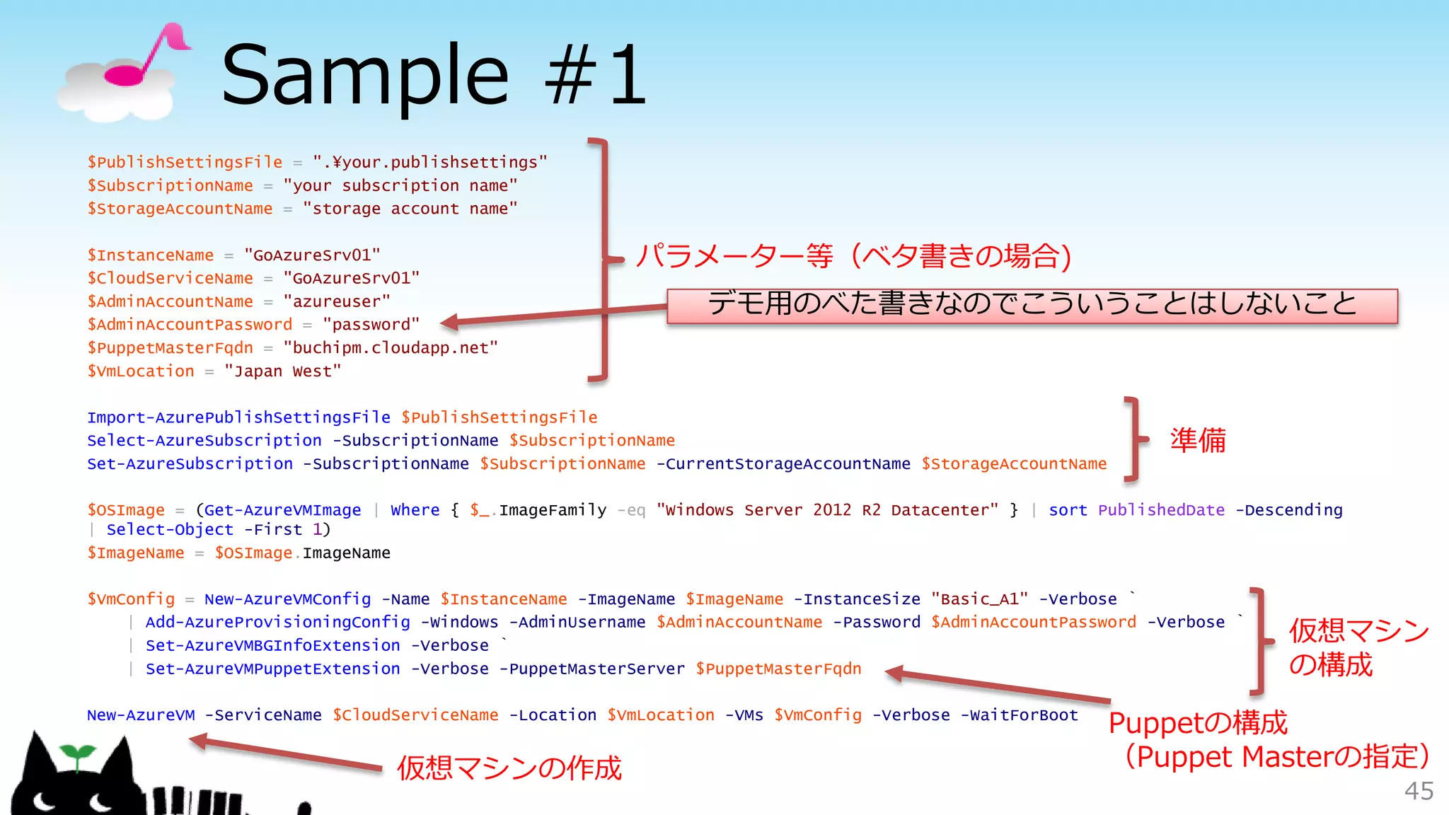 Sample #1
$PublishSettingsFile = ".¥your.publishsettings"
$SubscriptionName = "your subscription name"
$StorageAccountName = "storage account name"
$InstanceName = "GoAzureSrv01"
$CloudServiceName = "GoAzureSrv01"
$AdminAccountName = "azureuser"
$AdminAccountPassword = "password"
$PuppetMasterFqdn = "buchipm.cloudapp.net"
$VmLocation = "Japan West"
Import-AzurePublishSettingsFile $PublishSettingsFile
Select-AzureSubscription -SubscriptionName $SubscriptionName
Set-AzureSubscription -SubscriptionName $SubscriptionName -CurrentStorageAccountName $StorageAccountName
$OSImage = (Get-AzureVMImage | Where { $_.ImageFamily -eq "Windows Server 2012 R2 Datacenter" } | sort PublishedDate -Descending
| Select-Object -First 1)
$ImageName = $OSImage.ImageName
$VmConfig = New-AzureVMConfig -Name $InstanceName -ImageName $ImageName -InstanceSize "Basic_A1" -Verbose `
| Add-AzureProvisioningConfig -Windows -AdminUsername $AdminAccountName -Password $AdminAccountPassword -Verbose `
| Set-AzureVMBGInfoExtension -Verbose `
| Set-AzureVMPuppetExtension -Verbose -PuppetMasterServer $PuppetMasterFqdn
New-AzureVM -ServiceName $CloudServiceName -Location $VmLocation -VMs $VmConfig -Verbose -WaitForBoot
45
準備
仮想マシン
の構成
仮想マシンの作成
Puppetの構成
（Puppet Masterの指定）
パラメーター等（ベタ書きの場合)
デモ用のべた書きなのでこういうことはしないこと
 