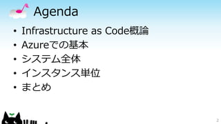 Agenda
• Infrastructure as Code概論
• Azureでの基本
• システム全体
• インスタンス単位
• まとめ
2
 
