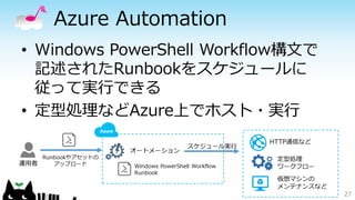 Azure Automation
• Windows PowerShell Workflow構文で
記述されたRunbookをスケジュールに
従って実行できる
• 定型処理などAzure上でホスト・実行
27
 