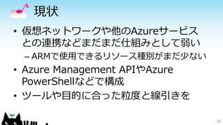 現状
• 仮想ネットワークや他のAzureサービス
との連携などまだまだ仕組みとして弱い
– ARMで使用できるリソース種別がまだ少ない
• Azure Management APIやAzure
PowerShellなどで構成
• ツールや目的に合った粒度と線引きを
30
 