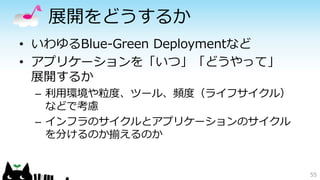 展開をどうするか
• いわゆるBlue-Green Deploymentなど
• アプリケーションを「いつ」「どうやって」
展開するか
– 利用環境や粒度、ツール、頻度（ライフサイクル）
などで考慮
– インフラのサイクルとアプリケーションのサイクル
を分けるのか揃えるのか
55
 