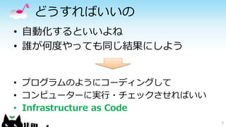 どうすればいいの
• 自動化するといいよね
• 誰が何度やっても同じ結果にしよう
7
• プログラムのようにコーディングして
• コンピューターに実行・チェックさせればいい
• Infrastructure as Code
 