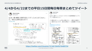 INFRASTRUCTURE AS CODE談義 2022
© 2022, Amazon Web Services, Inc. or its affiliates.
#AWSDevLiveShow
4/4から4/22までの平日15日間毎日毎章まとめてツイート
14
https://twitter.com/i/events/1514613649276489734
 