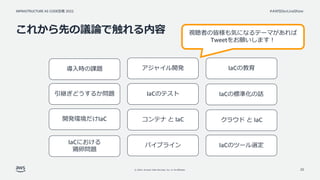 INFRASTRUCTURE AS CODE談義 2022
© 2022, Amazon Web Services, Inc. or its affiliates.
#AWSDevLiveShow
これから先の議論で触れる内容
20
IaCのツール選定
IaCのテスト
コンテナ と IaC
パイプライン
引継ぎどうするか問題
アジャイル開発
導入時の課題
開発環境だけIaC
IaCの標準化の話
IaCにおける
鶏卵問題
視聴者の皆様も気になるテーマがあれば
Tweetをお願いします！
クラウド と IaC
IaCの教育
 