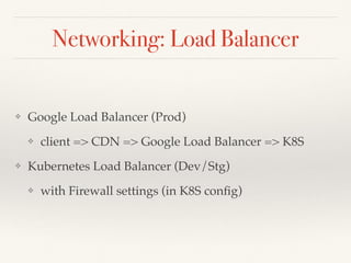 Networking: Load Balancer
❖ Google Load Balancer (Prod)
❖ client => CDN => Google Load Balancer => K8S
❖ Kubernetes Load Balancer (Dev/Stg)
❖ with Firewall settings (in K8S config)
 