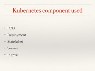 Kubernetes component used
❖ POD
❖ Deployment
❖ Statefulset
❖ Service
❖ Ingress
 