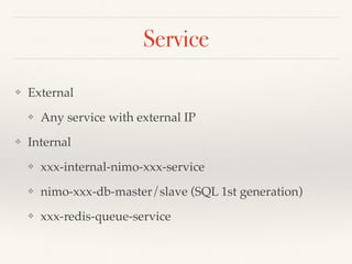 Service
❖ External
❖ Any service with external IP
❖ Internal
❖ xxx-internal-nimo-xxx-service
❖ nimo-xxx-db-master/slave (SQL 1st generation)
❖ xxx-redis-queue-service
 