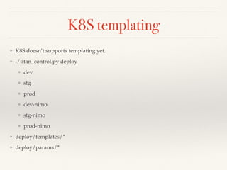K8S templating
❖ K8S doesn’t supports templating yet.
❖ ./titan_control.py deploy
❖ dev
❖ stg
❖ prod
❖ dev-nimo
❖ stg-nimo
❖ prod-nimo
❖ deploy/templates/*
❖ deploy/params/*
 