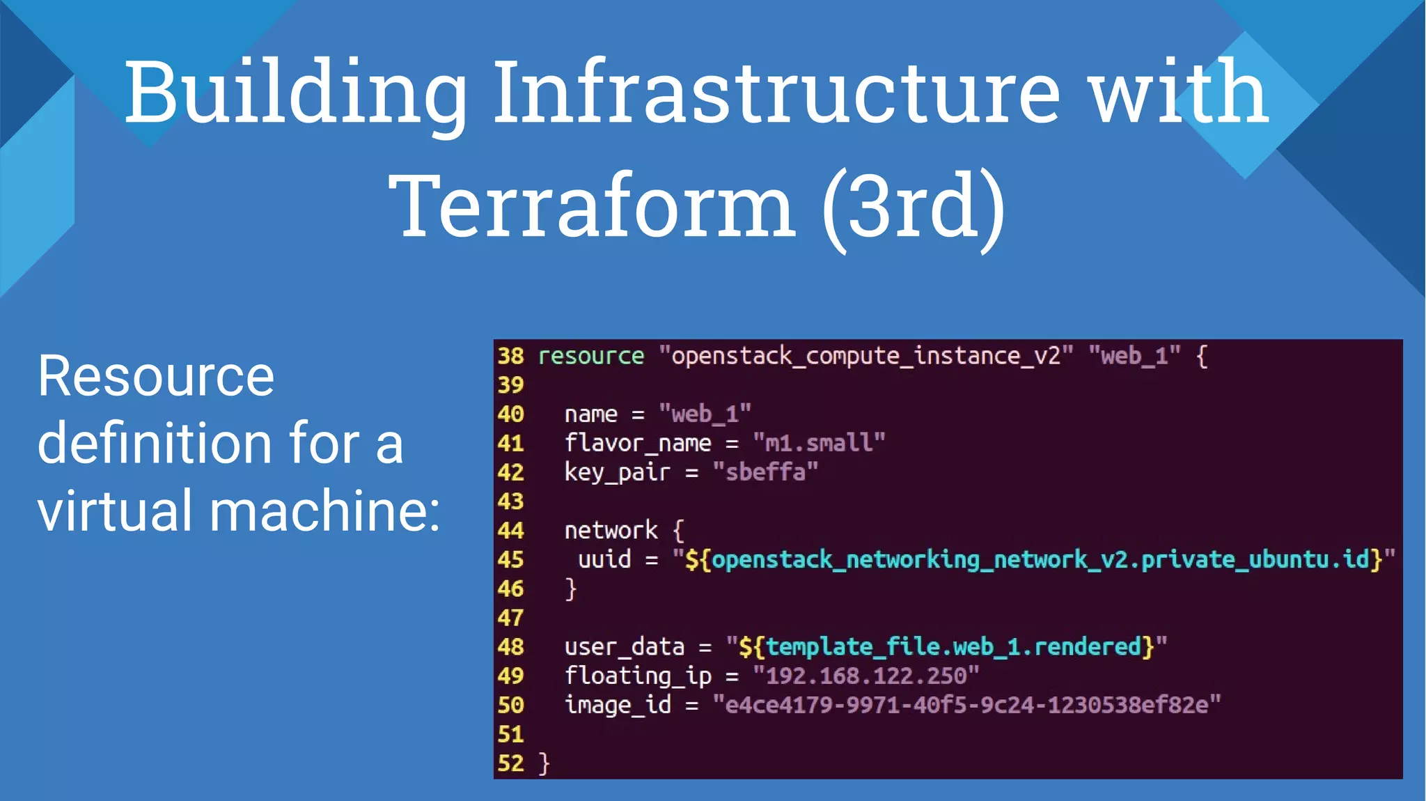 Building Infrastructure with
Terraform (3rd)
Resource
definition for a
virtual machine:
 