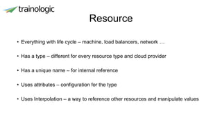 Resource
• Everything with life cycle – machine, load balancers, network …
• Has a type – different for every resource type and cloud provider
• Has a unique name – for internal reference
• Uses attributes – configuration for the type
• Uses Interpolation – a way to reference other resources and manipulate values
 