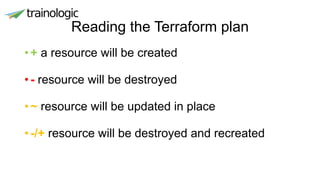 Reading the Terraform plan
•+ a resource will be created
• - resource will be destroyed
• ~ resource will be updated in place
• -/+ resource will be destroyed and recreated
 