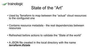 State of the “Art”
• Used by Terraform to map between the “actual” cloud resources
to the configured one
• Contains resource metadata - the real dependencies between
resources
• Refreshed before actions to validate the “State of the world”
• A JSON file created in the local directory with the name
terraform.tfstate
 