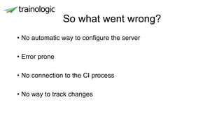 So what went wrong?
• No automatic way to configure the server
• Error prone
• No connection to the CI process
• No way to track changes
 