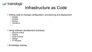 Infrastructure as Code
• Writing code to manage configuration, provisioning and deployment
• Scripts
• Ansible
• Docker
• Terraform
• ..
• Using software development practices:
• Source control
• Testing
• Code reviews
• Design
• 3rd libraries
• Knowledge sharing
 