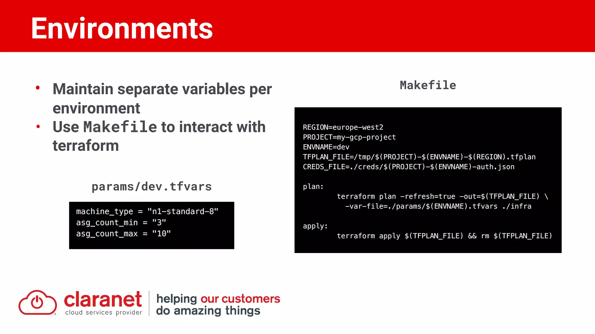 • Maintain separate variables per
environment
• Use Makefile to interact with
terraform
params/dev.tfvars
Environments
Makefile
 