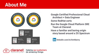 About Me
Google Certified Professional Cloud
Architect + Data Engineer
Some RedHat certs
Run the Google Cloud Platform SRE
Team at Claranet
Have a familiar and boring origin
story based around a ZX Spectrum
linkedin.com/in/timhberry
 