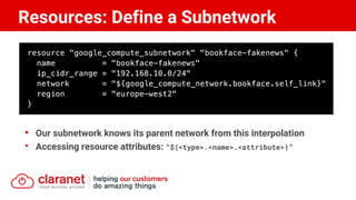 • Our subnetwork knows its parent network from this interpolation
• Accessing resource attributes: “${<type>.<name>.<attribute>}”
Resources: Define a Subnetwork
 
