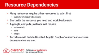 • Many resources require other resources to exist first
- subnetwork required network
• Start with the resource you need and work backwards
• A google_compute_instance will require
- subnetwork
- zone
- image
• Terraform will build a Directed Acyclic Graph of resources to ensure
dependencies are met
Resource Dependencies
 