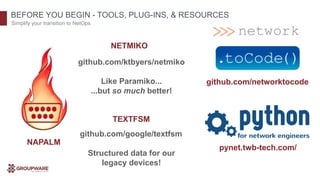 BEFORE YOU BEGIN - TOOLS, PLUG-INS, & RESOURCES
Simplify your transition to NetOps
NAPALM
NETMIKO
github.com/ktbyers/netmiko
Like Paramiko...
...but so much better!
github.com/networktocode
pynet.twb-tech.com/
TEXTFSM
github.com/google/textfsm
Structured data for our
legacy devices!
 