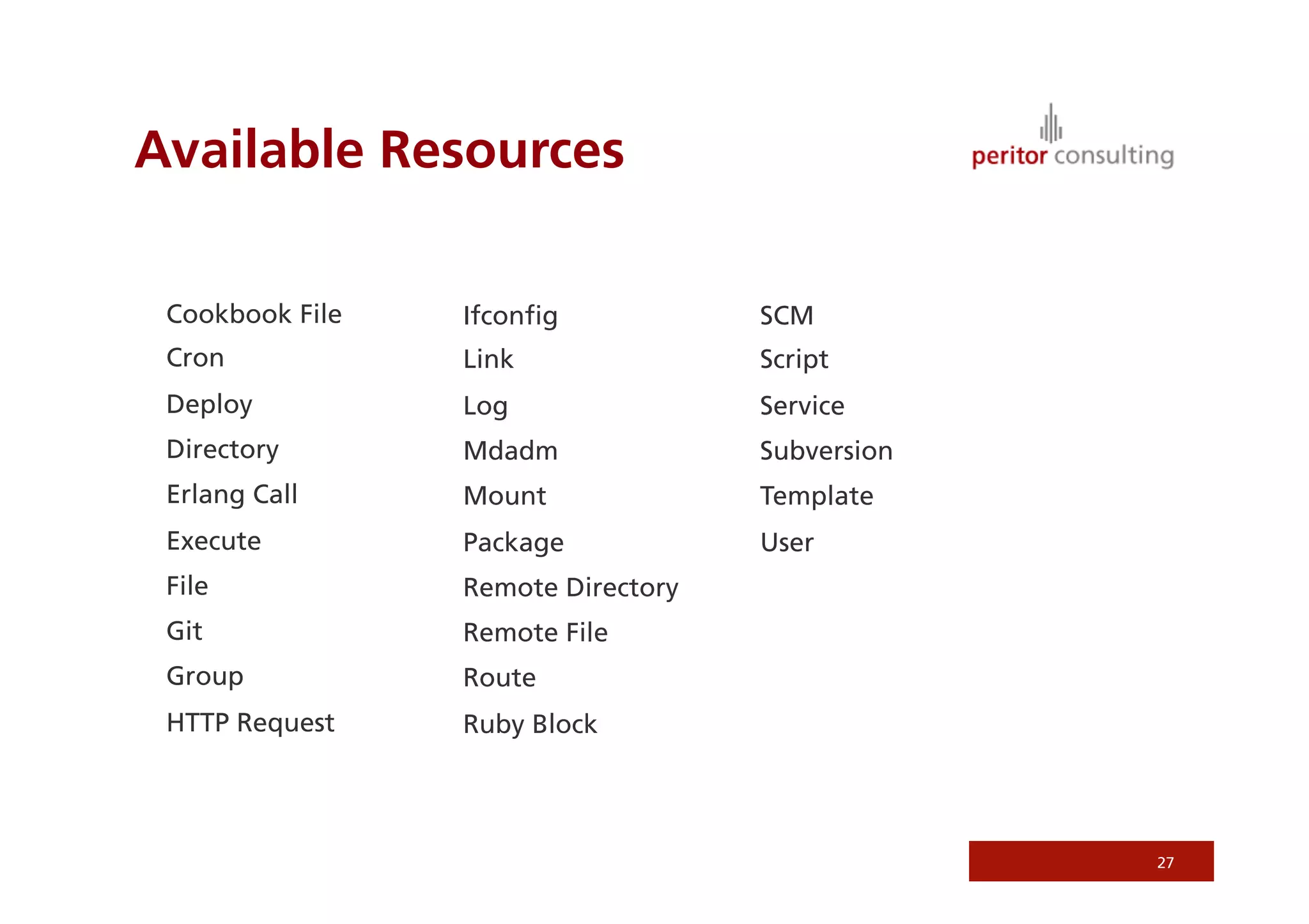 Available Resources
27
Cookbook File
Cron
Deploy
Directory
Erlang Call
Execute
File
Git
Group
HTTP Request
Ifconﬁg
Link
Log
Mdadm
Mount
Package
Remote Directory
Remote File
Route
Ruby Block
SCM
Script
Service
Subversion
Template
User
 