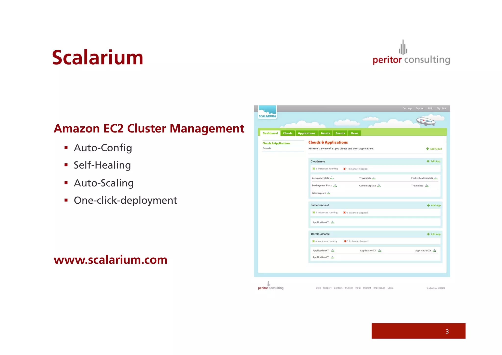 Scalarium
Amazon EC2 Cluster Management
  Auto-Conﬁg
  Self-Healing
  Auto-Scaling
  One-click-deployment
www.scalarium.com
3
 