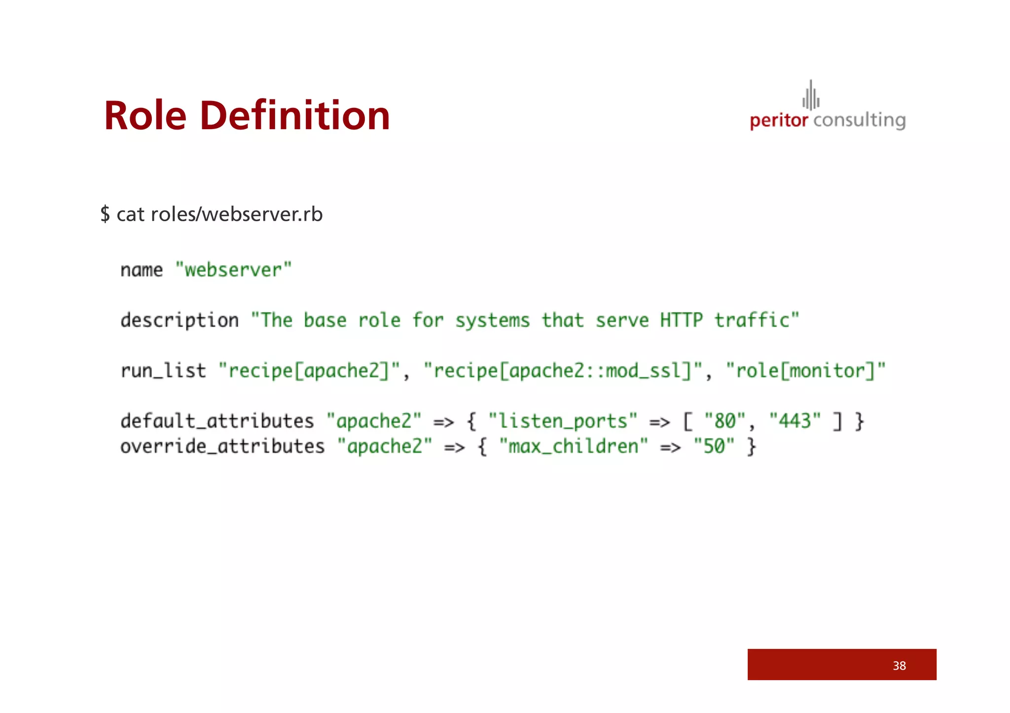 Role Deﬁnition
38
$ cat roles/webserver.rb
 
