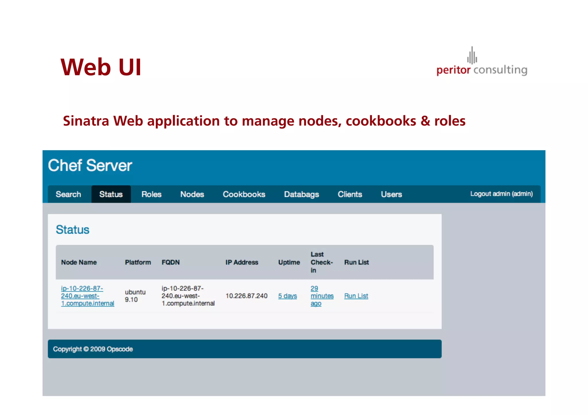 Web UI
Sinatra Web application to manage nodes, cookbooks  roles
41
 