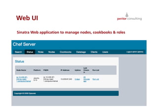 Web UI
Sinatra Web application to manage nodes, cookbooks  roles
41
 